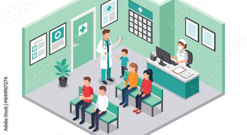Isometric doctor and patients in a hospital waiting room