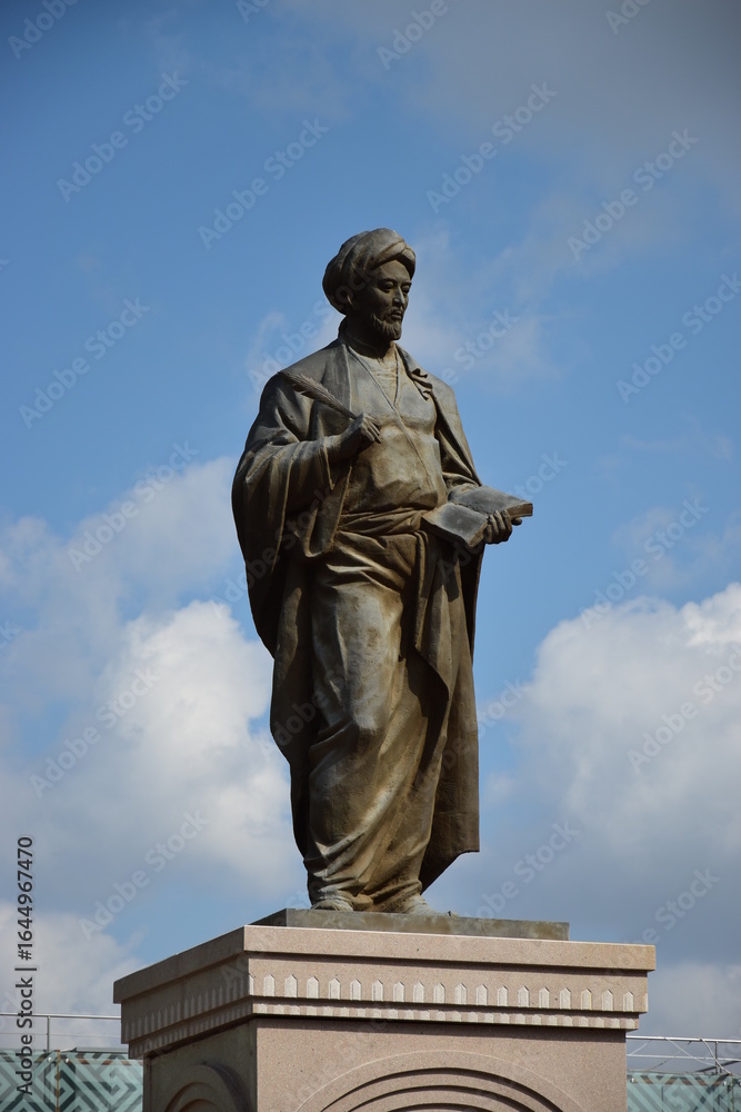 Fototapeta premium Astana (Nur-Sultan), Kazakhstan – Monument to the medieval islamic philosopher Abu Nasr Al Farabi (870-950), in Astana (Nur-Sultan), capital of Kazakhstan