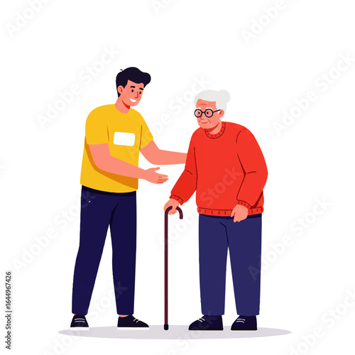 An illustration of a young man helping a senior man with a walking stick, showing kindness and support.