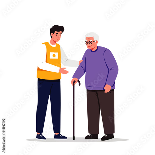 An illustration of a young man and a senior man shaking hands, representing a generational partnership and support.