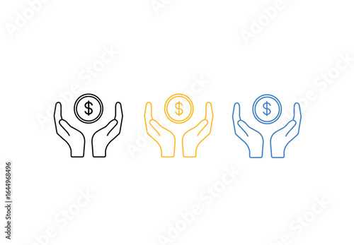 Set of hands holding dollar and rupiah currency coins in black, gold, and blue line design, financial protection and money security concept, vector illustration