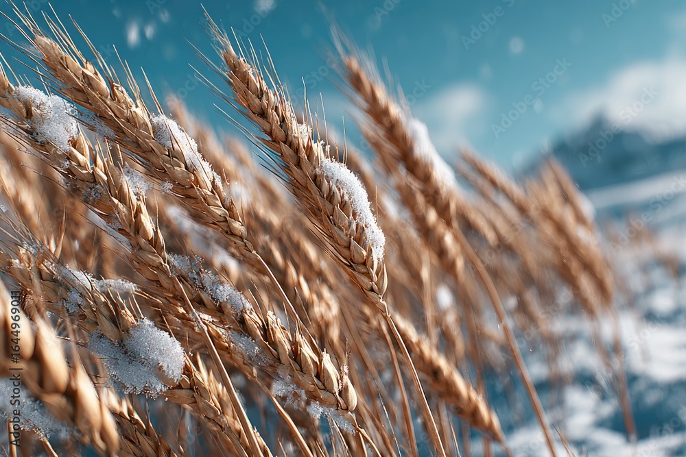 Fototapeta premium Golden wheat stalks covered in snow, a winter landscape