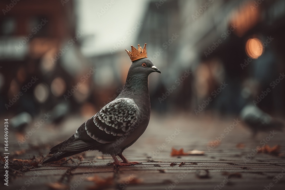Obraz premium A pigeon wearing a golden crown stands on a city street. Blurred city background