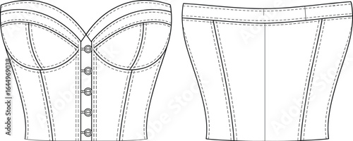 CAD drawing flat vector illustration of women’s corset top, fashion garment design, sewing pattern, apparel template, clothing construction technical sketch