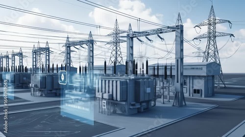 Modern power substation with digital interface, high voltage transformer, and smart grid technology for efficient electricity distribution, advanced energy management, and futuristic innovation