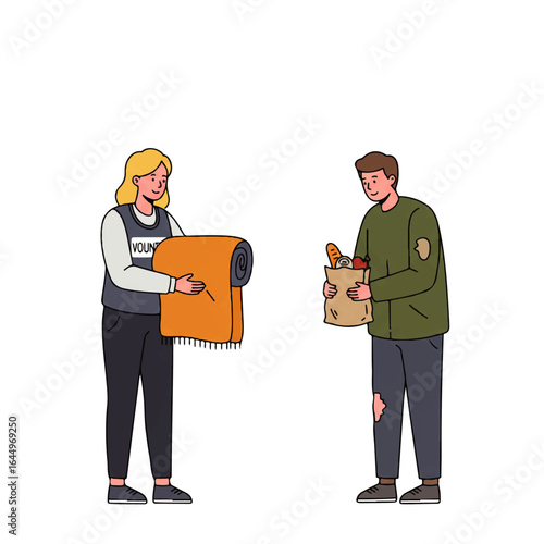 An illustration of two volunteers giving a donation box to a man in need.