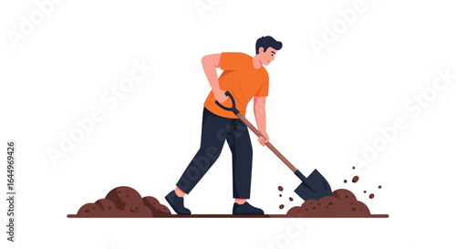 Man in orange shirt digging with shovel in dirt illustration