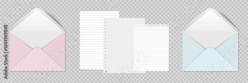 Set of pink  and blue envelopes. Blank open envelopes mockup. Empty template for branding identity design, mail presentation, for office messages or documents sending. Realistic vector illustration