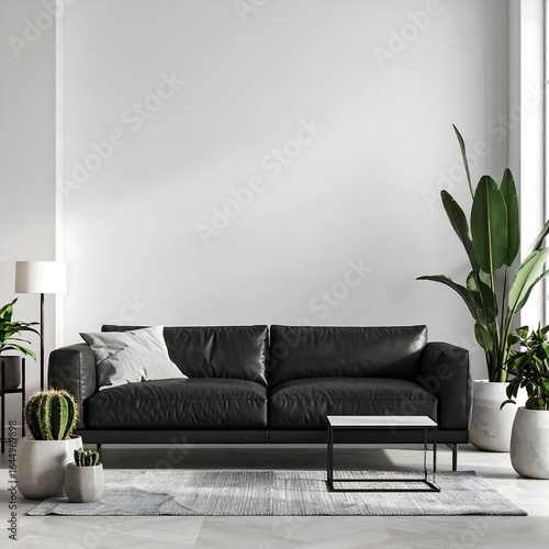 Minimalist living room with black leather sofa, plants, and grey rug