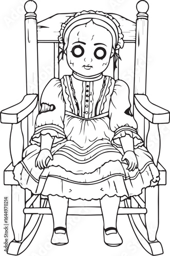 Creepy doll in a rocking chair illustration