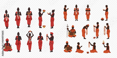 A collection of vector silhouettes of Indian men in traditional red attire performing various Hindu religious rituals, prayers, and ceremonies.