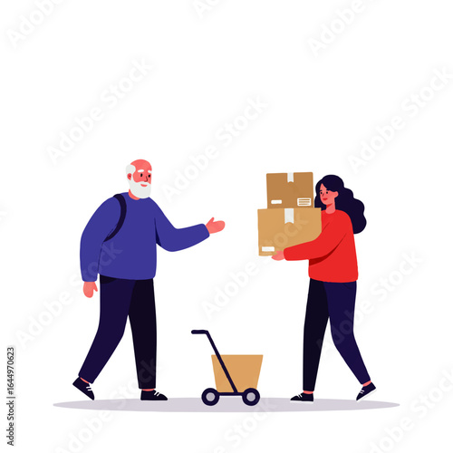 Two volunteers give a food donation box to a man in a wheelchair, representing charity and support.