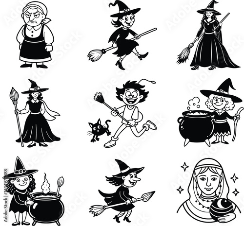 Collection of Spooky Halloween Witches with Magic Potions and Flying Brooms