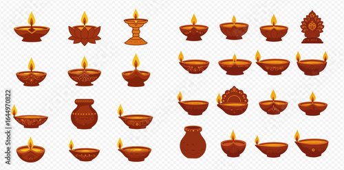 A collection of traditional Indian Diya oil lamps with burning flames for the Diwali festival celebration.