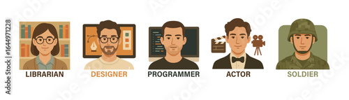 set of avatar or flat icon for librarian , designer , programmer , actor , soldier  vector illustration in AI , EPS , JPG , PNG format