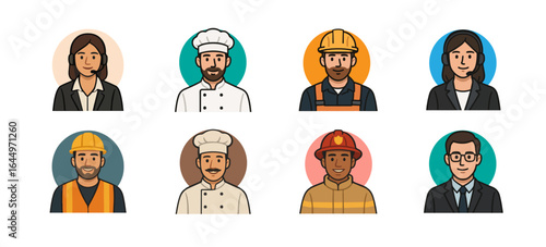 set of profession flat  icon or avatar engineer , businessman , fire fighter , chef  vector illustration in AI , EPS , JPG , PNG format