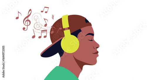 A person listening to music with headphones and eyes closed