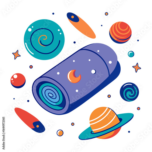 Rolled Towel with Stars, Planets, and Cosmic Elements, Vector Illustration