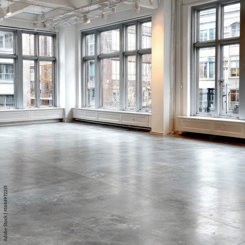 Fototapeta premium Empty, modern, bright interior space with concrete floor and large windows