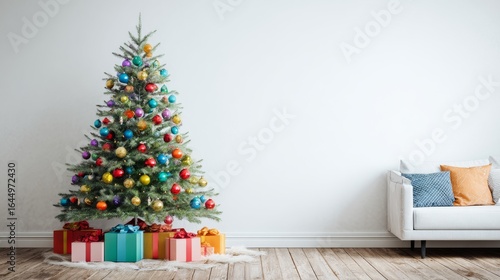 Christmas tree with red and gold decorations, white wall