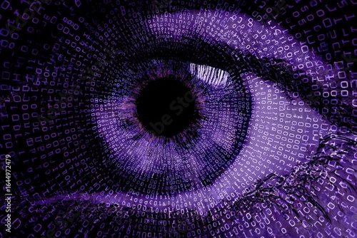 Surveillance eye made of binary code, black void with violet spiral, privacy concern art 
