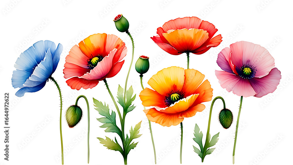 Obraz premium Vibrant watercolor poppies in a spectrum of beautiful colors