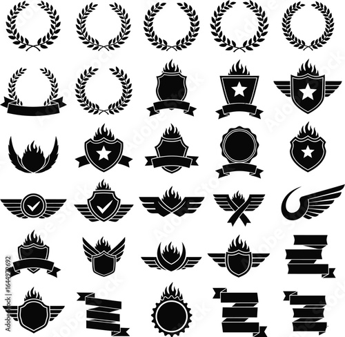 Collection of vintage style emblem badges and laurel wreaths