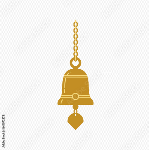 A golden Buddhist temple bell with a Bodhi leaf clapper hanging from a chain.