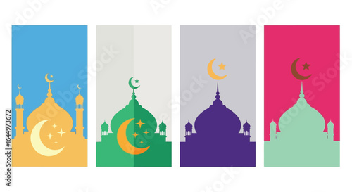 Four colorful mosque illustrations with crescent moon icons