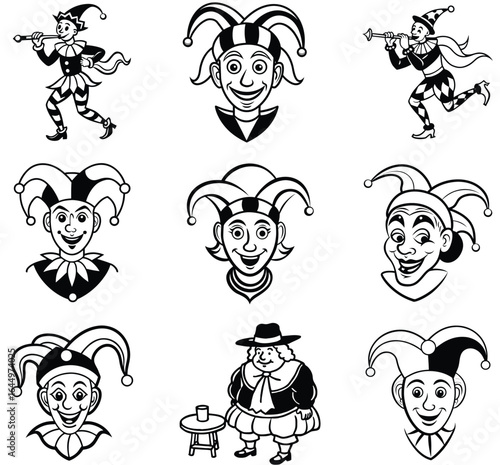 Collection of Jester Characters Playing Trumpets and Smiling for Entertainment