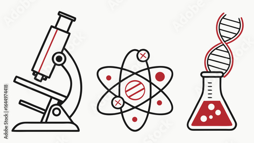 Illustration of science equipment including microscope atom and dna inside of a laboratory flask icon created with generated ai