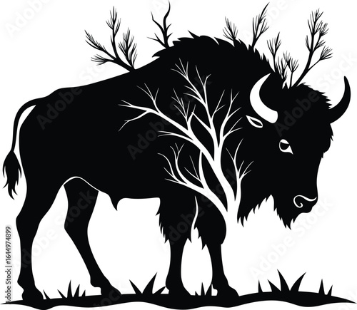 Black Silhouette Bison with Tree Branches: Nature Art Design