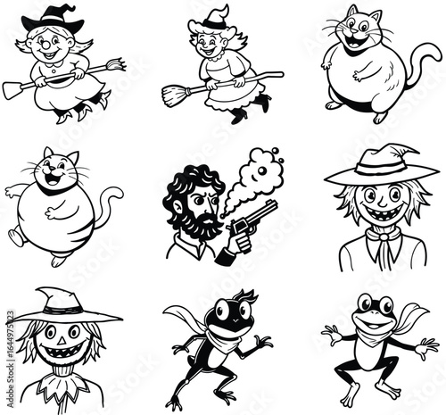 Halloween characters witches cats scarecrow man frog and more fun drawings