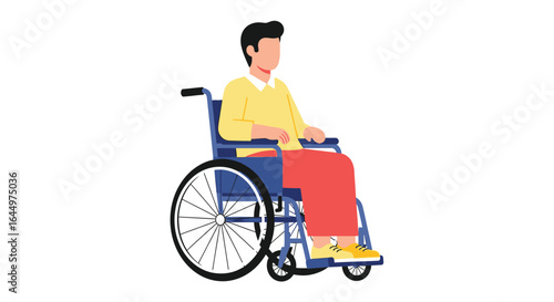 A person sitting in a blue wheelchair on a white background
