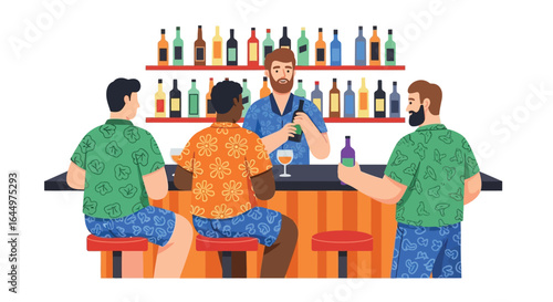 People at a bar with bartender and bottles on the shelves