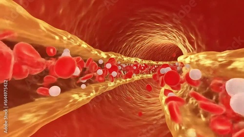 3D rendering of a human artery showing severe plaque buildup, with red and white blood cells navigating the constricted passage, illustrating atherosclerosis.