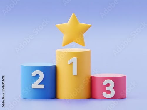 Winning Podium with Gold Star Depicting Achievement and Success in a Competition or Ranking System, Featuring a Yellow, Blue, and Red Design