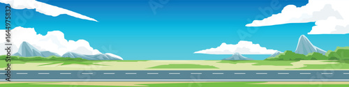 Horizontal or horizontal banner background of asphalt road.  Background is a flat grassland with wide open land and hills. White clouds and blue clear sky.