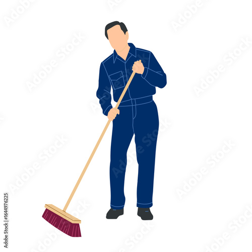 Vector illustration of a janitor in blue uniform sweeping the floor with a broom. Suitable for cleaning services, maintenance, sanitation, and housekeeping themed designs.