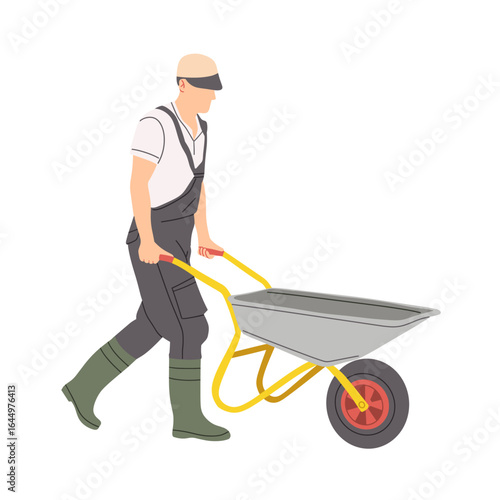 Vector illustration of a construction worker in overalls and boots pushing an empty wheelbarrow. Perfect for construction, gardening, farming, and labor-related design projects.
