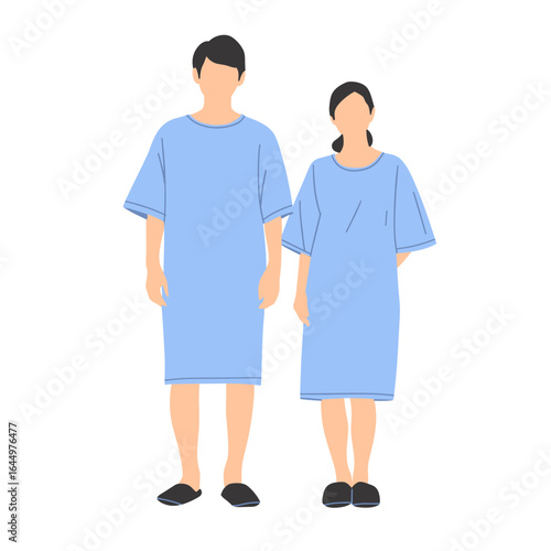 Vector illustration of male and female patients in light blue hospital gowns and slippers. Ideal for healthcare, medical, hospital, and patient care themes.