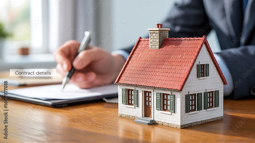 Fototapeta premium Real estate agent signing contract with miniature house on desk