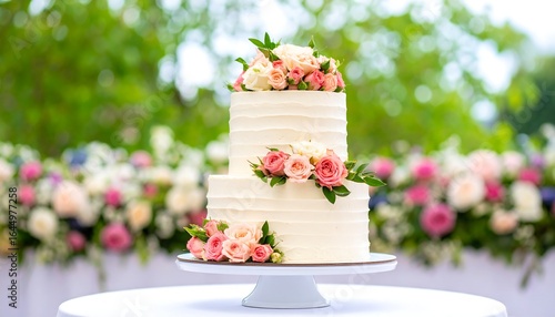 Two-tiered wedding cake, buttercream frosting, adorned with pink and peach roses, sits on a white cake stand, against a blurred backdrop of vibrant flowers
