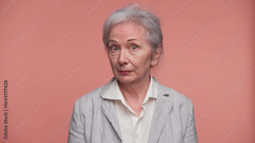 Serious senior woman giving warning gesture on pink background Serious senior woman giving warning gesture on pink background