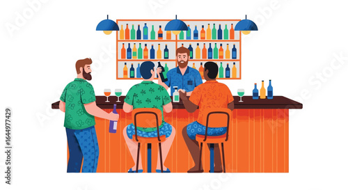 Find the best bar illustration with friends and bartender man