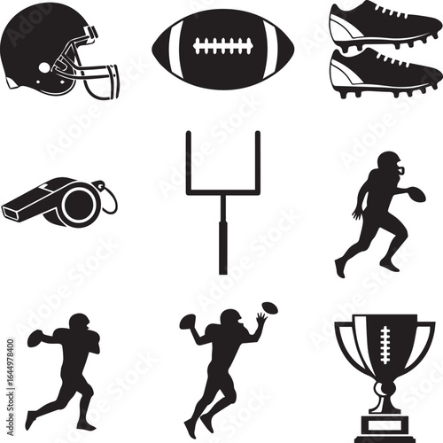 
A black and white icon set of various American football symbols and silhouettes, including a helmet, a ball, shoes, a whistle, goal posts, a trophy, and players in action.