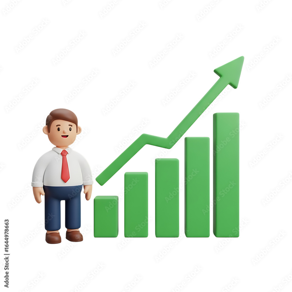Cartoon businessman standing next to a rising bar graph isolated on transparent background Cartoon businessman standing next to a rising bar graph isolated on transparent background