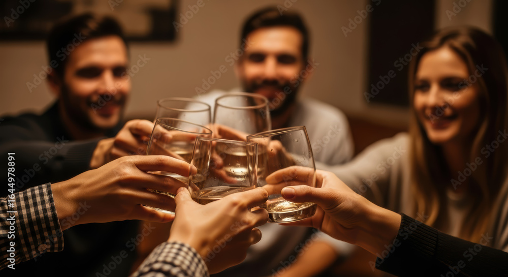 Group of friends celebrating together, raising glasses in a toast, enjoying a joyful moment in a cozy indoor setting, capturing the essence of friendship and connection Group of friends celebrating together, raising glasses in a toast, enjoying a joyful moment in a cozy indoor setting, capturing the essence of friendship and connection