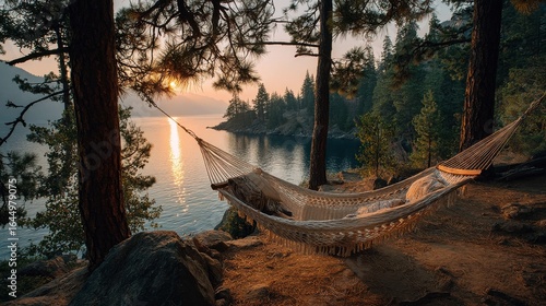 Hammock between two trees in a serene campsite 