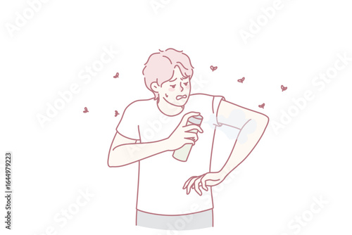 Anxious young man apply anti-mosquito spray on body struggle from bites on summer day. Guy use insect repellent keep mosquitos away. Flat vector illustration.